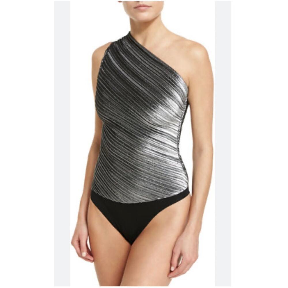 Mugler One Shoulder Pleated Lamé Bodysuit Size FR40/US8 NWT